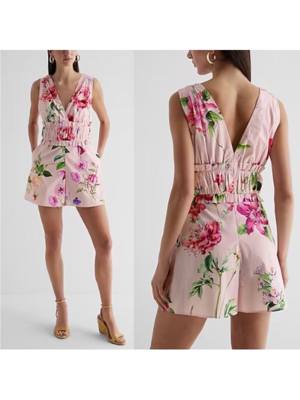 Express Floral V-Neck Smocked Waist Romper 39878